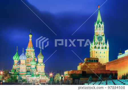 St. Basils Cathedral at dramatic dawn in Moscow, Russia 97884508
