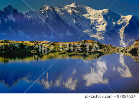 Mont Blanc and idyllic lake Cheserys reflection, Chamonix, French Alps Mont Blanc and idyllic lake Cheserys reflection, Chamonix, French Alps 97884524