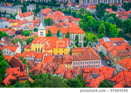 Preseren square and Franciscan Church of the Annunciation, Ljubljana, Slovenia Preseren square and Franciscan Church of the Annunciation, Ljubljana, Slovenia 97884560