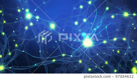 Pulsing signals between nerve cells inside a neuronal network - illustration Pulsing signals between nerve cells inside a neuronal network - illustration 97884622