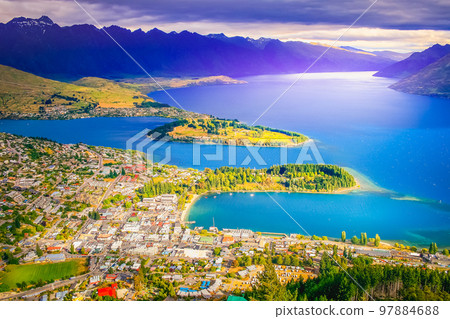 Above Queenstown and Lake Wakatipu in south Island, New Zealand at sunset 97884688