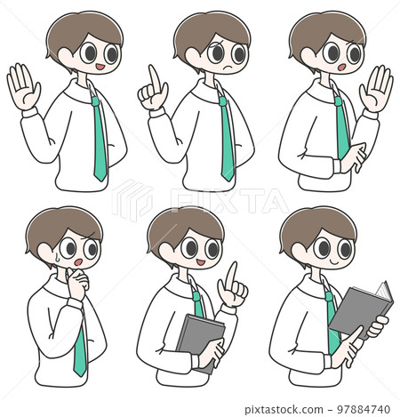 Men's facial expression set wearing white shirt and tie 97884740