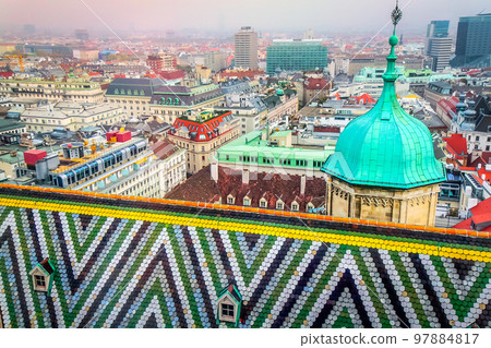Above Vienna medieval old town cityscape, Austria 97884817
