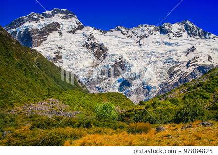 Hooker Valley meadows and Mt Cook massif, South Island of New Zealand Hooker Valley meadows and Mt Cook massif, South Island of New Zealand 97884825