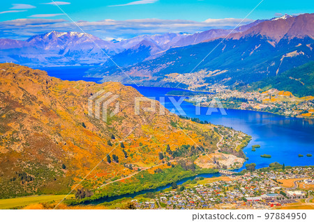 Above Queenstown and Lake Wakatipu in south Island, New Zealand at sunset 97884950