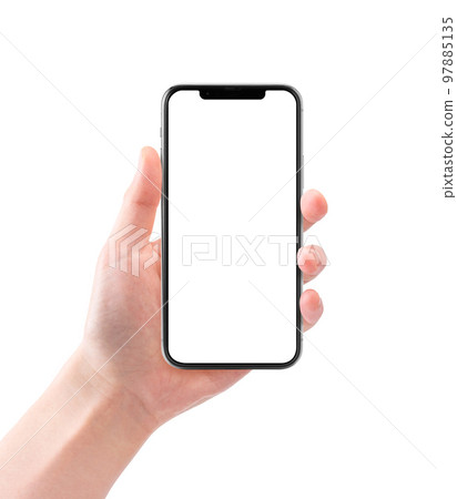 Hand holding a smartphone (white background / white screen) 97885135