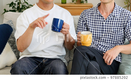 Male couple having a conversation at home 97885202