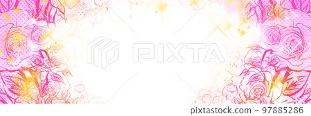 Girl's cartoon Glittering stars, pink roses, and pen drawings with dancing petals Color illustration Wide size 97885286
