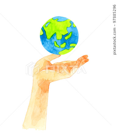 Hand-drawn watercolor illustration material with the palm facing upwards and the earth Hand-drawn watercolor illustration material with the palm facing upwards and the earth 97885296