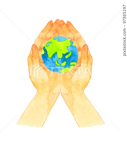 Both hands enveloping the earth Hand-painted watercolor illustration material 97885297