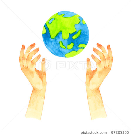 Both palms facing up and the earth hand-painted watercolor illustration material 97885300