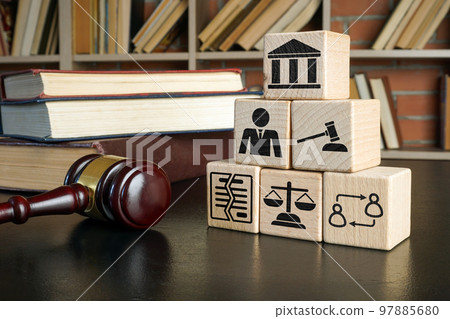 Cubes with signs and gavel. Contract law concept. 97885680