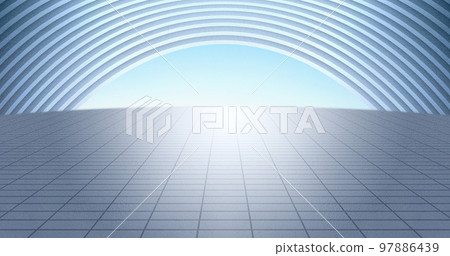 現代銀色彎曲的建築學和水泥濘的地面，明亮的天空背景。 97886439