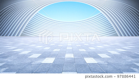 現代銀色弧形建築和無人居住的廣場，有明涼的天空背景。 97886441