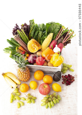 A collection of vegetables and fruits 97886448