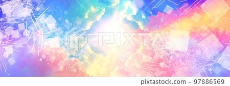 天堂入口的寬幅奇幻風景,具有從彩虹雲中閃耀的幾何圖案紋理 天堂入口的寬幅奇幻風景,具有從彩虹雲中閃耀的幾何圖案紋理 97886569