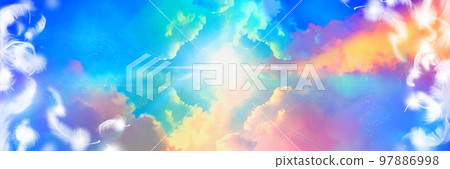 彩虹色星雲和雲海的背景插圖漂浮在色彩繽紛的空間中,神秘的光芒閃耀著美麗的光芒,白色的天使翅膀飄揚著蓬鬆 彩虹色星雲和雲海的背景插圖漂浮在色彩繽紛的空間中,神秘的光芒閃耀著美麗的光芒,白色的天使翅膀飄揚著蓬鬆 97886998