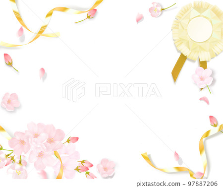 Light pink cute cherry blossoms and gold ribbon decoration origami medal - white back frame background material 97887206