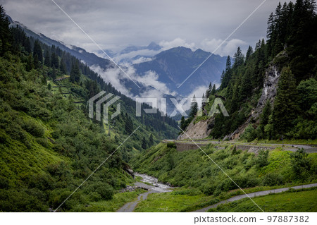 Deep clouds over the fir trees in the Austrian Alps - Vorarlberg region Deep clouds over the fir trees in the Austrian Alps - Vorarlberg region 97887382