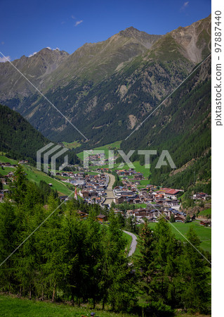 Aerial view over the village of Soelden in Austria Aerial view over the village of Soelden in Austria 97887440