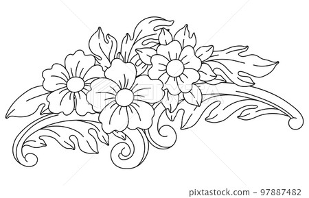 Decorative floral element in baroque style. Black curling plant. 97887482
