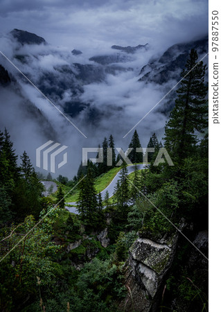 Low clouds over the fir trees in the Austrian Alps - Vorarlberg region Low clouds over the fir trees in the Austrian Alps - Vorarlberg region 97887550