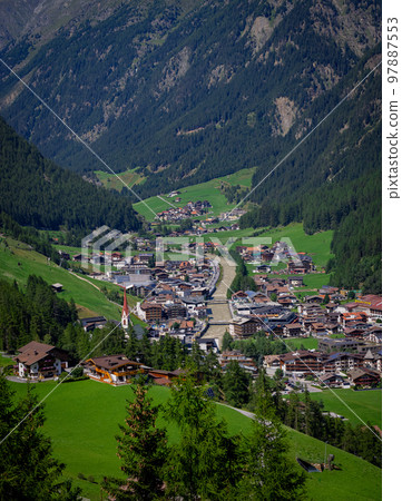 Aerial view over the village of Soelden in Austria Aerial view over the village of Soelden in Austria 97887553