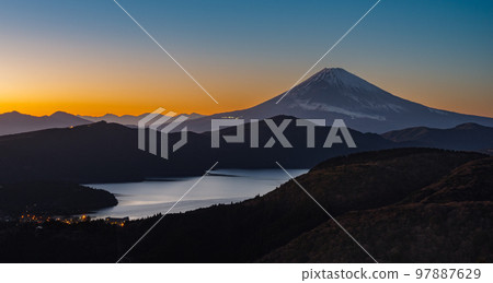 Mountain Lake with Mount Fuji after Sunset 97887629