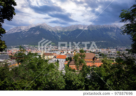 Aerial view over the city of Innsbruck in Austria Aerial view over the city of Innsbruck in Austria 97887696