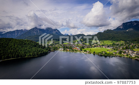 Aerial view over Lake Altaussee in Austria 97887753