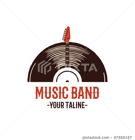 Music band logo template with guitar and vynil plate. Disco 80s emblem badge design. Stock vector retro label isolated on white background 97888187