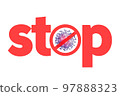 Coronavirus COVID-19 or 2019-nCov concept. Microscope virus close up in blue and red color isolated on white background in red ban sign. 3d rendering. 97888323
