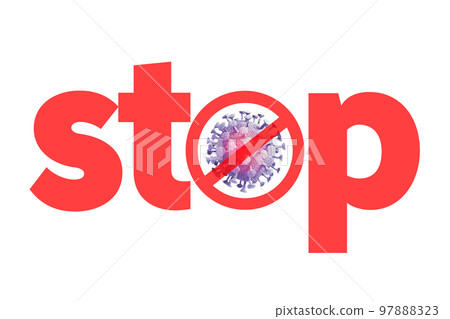 Coronavirus COVID-19 or 2019-nCov concept. Microscope virus close up in blue and red color isolated on white background in red ban sign. 3d rendering. Coronavirus COVID-19 or 2019-nCov concept. Microscope virus close up in blue and red color isolated on white background in red ban sign. 3d rendering. 97888323