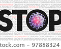 Coronavirus COVID-19 or 2019-nCov concept resposible for asian flu outbreak and coronaviruses influenza as dangerous flu strain cases as a pandemic. Microscope virus close up on stop text message. 3d 97888324