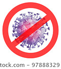 Coronavirus COVID-19 or 2019-nCov outbreak concept resposible for the pandemic. Microscope virus close up in blue and red color isolated on white background in red ban sign. 3d rendering. 97888329