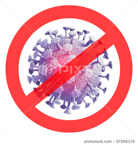 Coronavirus COVID-19 or 2019-nCov outbreak concept resposible for the pandemic. Microscope virus close up in blue and red color isolated on white background in red ban sign. 3d rendering. Coronavirus COVID-19 or 2019-nCov outbreak concept resposible for the pandemic. Microscope virus close up in blue and red color isolated on white background in red ban sign. 3d rendering. 97888329