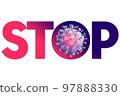 Coronavirus COVID-19 or 2019-nCov concept resposible for asian flu outbreak and coronaviruses influenza as dangerous flu strain cases as a pandemic. Microscope virus close up on stop text message. 3d 97888330