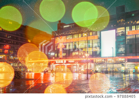 Helsinki, Finland. Effect Bokeh View On Shopping Centre In Night Evening Illumination. Boke Blured View Helsinki, Finland. Effect Bokeh View On Shopping Centre In Night Evening Illumination. Boke Blured View 97888405