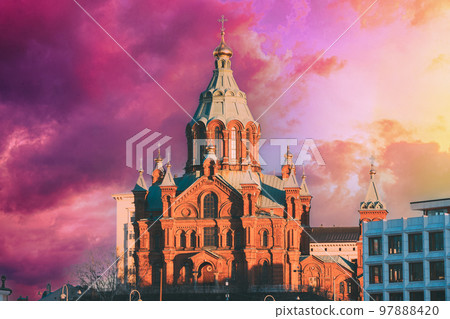 Helsinki, Finland. Uspenski Cathedral At Morning. Red Church Is Popular Tourist Destination In Finnish Capital. Sunrise Sky Natural Background. Amazing Color Effect Of Clouds. Soft Colors 97888420