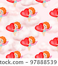 Seamless pattern with angels and hearts. Digital paper for valentine's day. Cupid helper.Funny cupid angel character with wings. Pink clouds. Textile and wrapping paper design 97888539