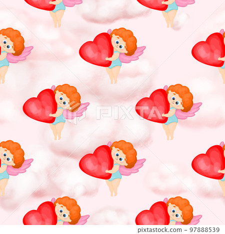 Seamless pattern with angels and hearts. Digital paper for valentine's day. Cupid helper.Funny cupid angel character with wings. Pink clouds. Textile and wrapping paper design Seamless pattern with angels and hearts. Digital paper for valentine's day. Cupid helper.Funny cupid angel character with wings. Pink clouds. Textile and wrapping paper design 97888539