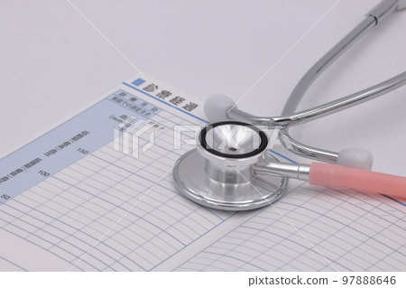 Image related to medical care (stethoscope, blood pressure management notebook, management notebook) 97888646