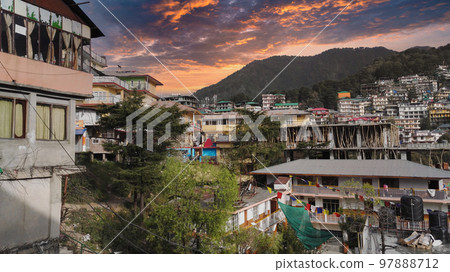 McLeod Ganj at Dramatic Sky, city and Praying Flags, Dharamshala, India 97888712