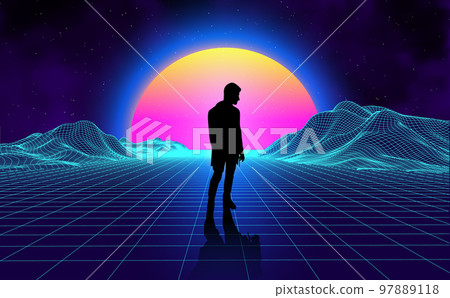 Retro landscape background sunset 3d landscape with man silhouette. Futuristic landscape 1980s style. Digital retro landscape cyber surface. 80s party background . Retro fashion Sci-Fi Background Retro landscape background sunset 3d landscape with man silhouette. Futuristic landscape 1980s style. Digital retro landscape cyber surface. 80s party background . Retro fashion Sci-Fi Background 97889118