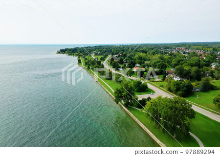 Aerial of the shoreline at Fort Erie, Ontario, Canada 97889294