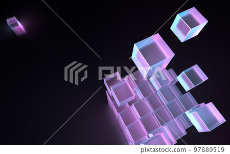 3D illustration of stacked cubes illuminated by fantastic light 97889519