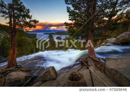 Sunset above Lower Eagle Falls and Emerald Bay, Lake Tahoe, California Sunset above Lower Eagle Falls and Emerald Bay, Lake Tahoe, California 97889646