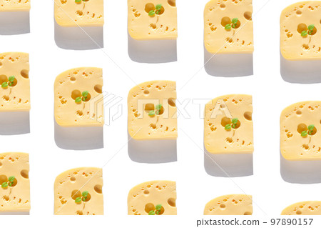 Creative cheese pattern with harsh shadow. Maasdam holes white background sunlight flat lay. Healthy breakfast sandwich. Creative cheese pattern with harsh shadow. Maasdam holes white background sunlight flat lay. Healthy breakfast sandwich. 97890157