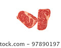 Two raw top blade beef steak isolated on white background. Big marbled whole piece of raw meat, striploin on white. Top view, closeup 97890197