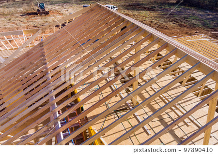 Process of constructing wooden roof beam for newly built home stick based on framework trusses frame Process of constructing wooden roof beam for newly built home stick based on framework trusses frame 97890410